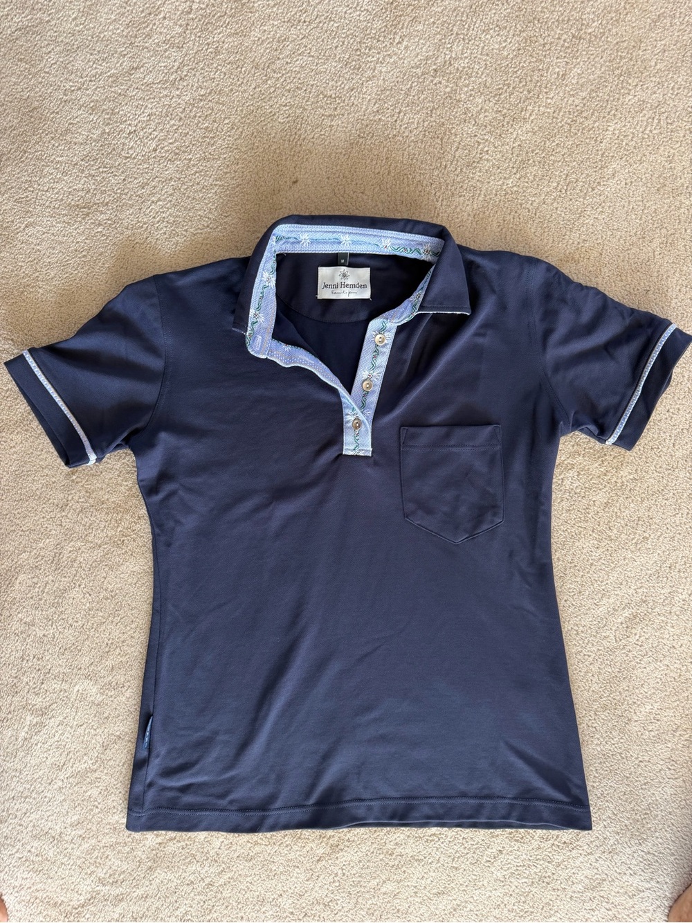 Jenni Hemden Navy Polo with Floral Trim